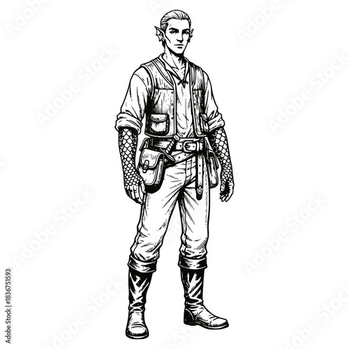 Gritty ink illustration of a fantasy elf or adventurer character in a practical, rugged outfit with vest, pouches, and boots. Ideal for role-playing, medieval, or fantasy themes.