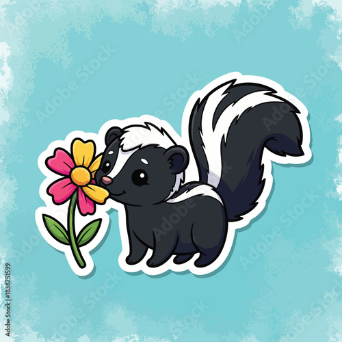 Adorable cartoon skunk enjoying a flower