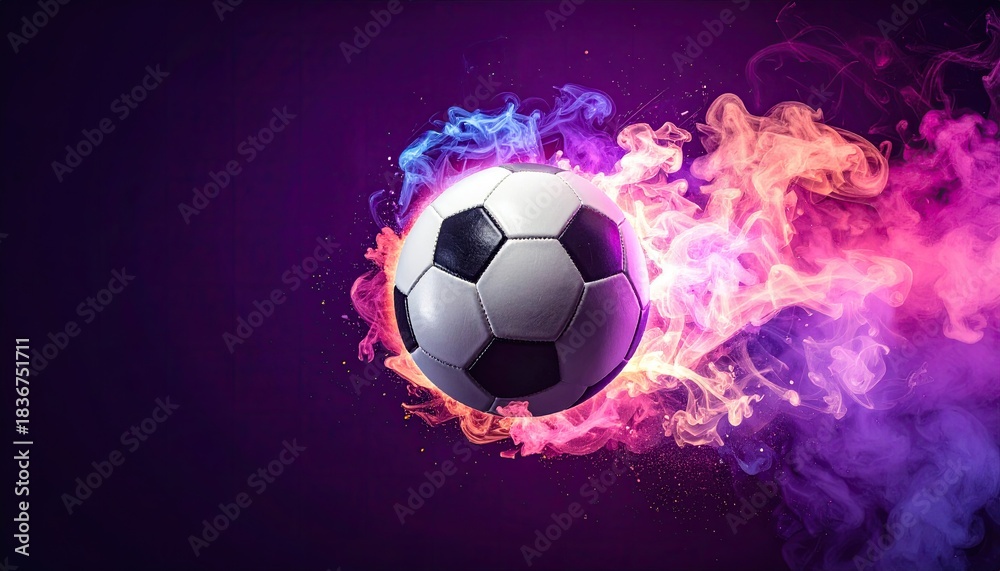 Naklejka premium A soccer ball surrounded by colorful smoke against a deep purple background