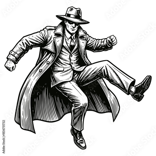 Dynamic ink illustration of a determined 1940s-style private investigator or gangster in a trench coat and fedora, captured in a powerful stride or kick. Film noir, mystery, and retro style.