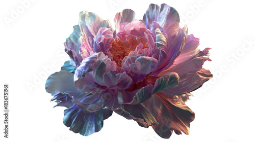 Iridescent digital peony flower blooming, showing fantasy colors, surreal ethereal petals and transparent background