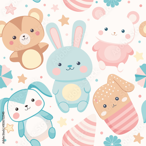 Adorable seamless pattern with cute pastel animals including bunnies, bears, and mice. Sweet nursery wallpaper design with stars and soft colors for baby showers and children's textile.