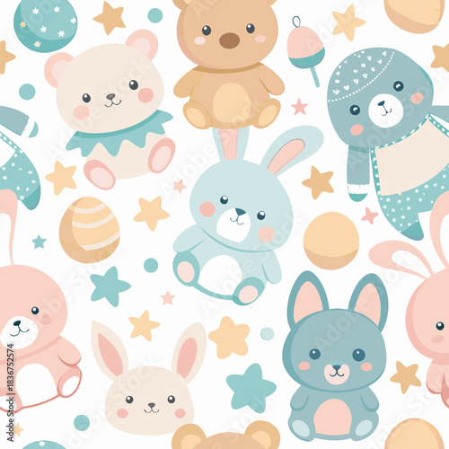 Adorable seamless nursery pattern with cute pastel animals including bunnies, bears, and kittens. Sweet childhood background with stars and soft colors for baby textile and wallpaper design.