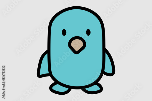 This is a frontal illustration of a cute, stylized penguin or round bird. The body is a solid light blue or turquoise color