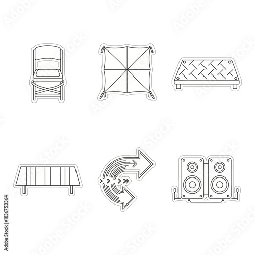 stage equipment layout A collection of concert stage elements including speakers a chair a table and a canopy useful for event planning and design ideas.