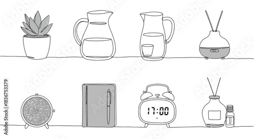 Still life objects arrangement on a shelf showcasing a minimalist aesthetic promoting relaxation and calm ideal for lifestyle blogs and home decor magazines.