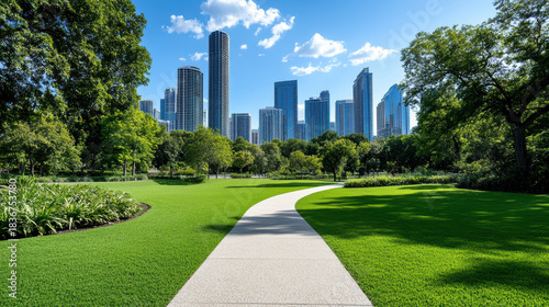 Fototapeta Naklejka Na Ścianę i Meble -  Green urban park pathway leading toward skyline with modern skyscraper backdrop