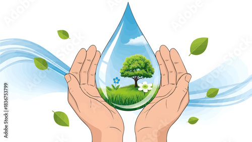 Hands Protecting Water Drop With Tree – Nature Conservation and Sustainable Environment Concept