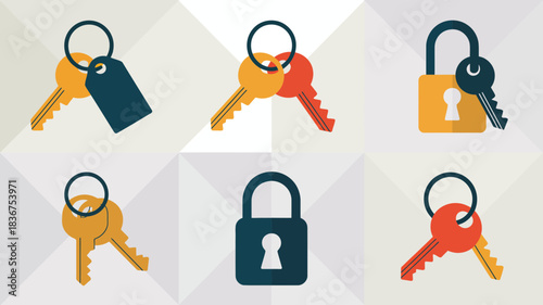 Collection of diverse key and lock flat vector icons, security concepts