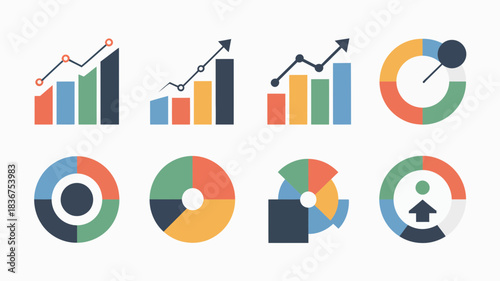 Business finance data analytics charts, progress, and growth icon set