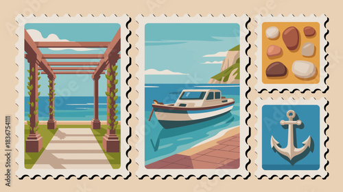 Vibrant collection of postage stamps, depicting Mediterranean seaside vacation