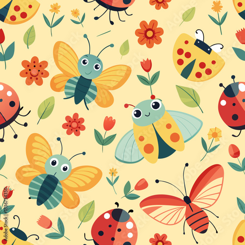 Adorable seamless nursery pattern with cute cartoon butterflies, ladybugs, and bees among flowers on a yellow background. Sweet garden insect theme for baby textiles and children's decor.