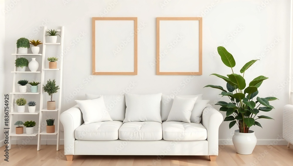 Obraz premium Modern living room with white sofa plants and framed art