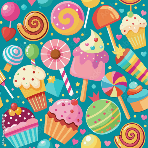 Sweet seamless pattern with colorful cupcakes, lollipops, and candies on a teal background. Fun dessert theme for kids' birthday parties, bakery branding, and festive textile designs.