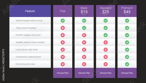 Modern Pricing Table Template with Four Subscription Plans