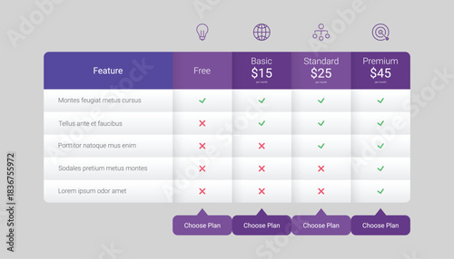 Flat Design Pricing Table with Icons for Web Subscription Plans