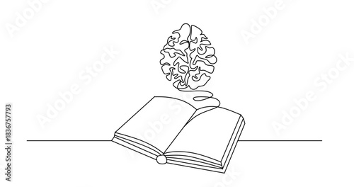 Continuous line art of a human brain emerging from a stack of books and an open book, symbolizing knowledge, learning, and intelligence development Vector 