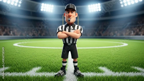 Animated Football Referee Poses on Field, Stadium Setting for Sporting Events and Gameplay