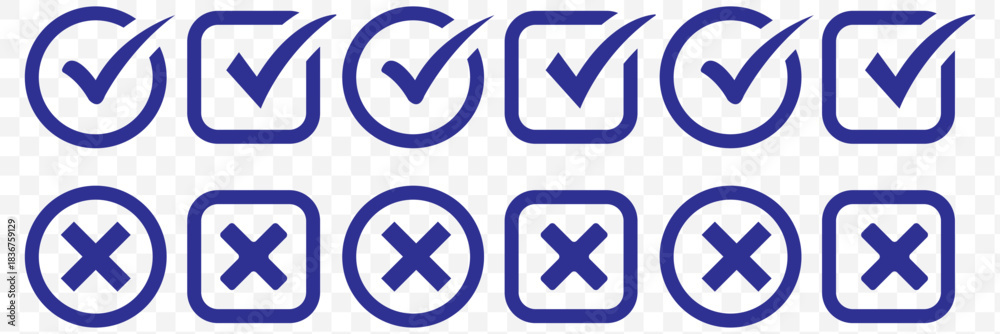 Fototapeta premium Check mark icons, cross symbols, correct and wrong signs, approval graphics, validation elements, decision indicators