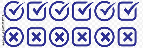 Check mark icons, cross symbols, correct and wrong signs, approval graphics, validation elements, decision indicators