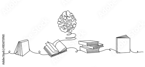 Continuous line art of a human brain emerging from a stack of books and an open book, symbolizing knowledge, learning, and intelligence development Vector 