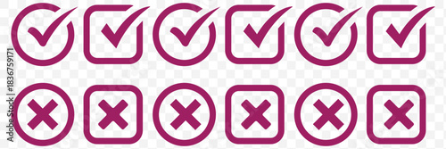 Check mark icons, cross symbols, correct and wrong signs, approval graphics, validation elements, decision indicators