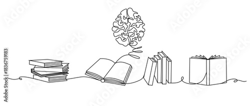 Continuous line art of a human brain emerging from a stack of books and an open book, symbolizing knowledge, learning, and intelligence development Vector 