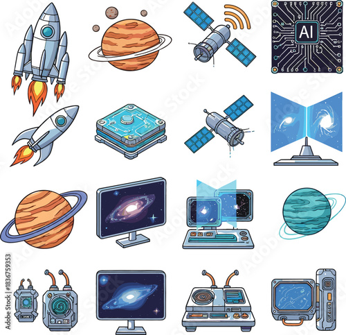 Collection of futuristic space technology and celestial bodies illustrations
