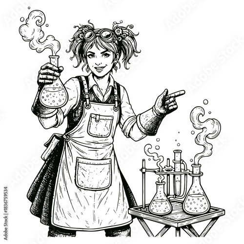 Gritty ink illustration of a smiling, dynamic female scientist or chemist in a steampunk style, holding a smoking flask and pointing to laboratory equipment. Steampunk, inventor, and chemistry theme.