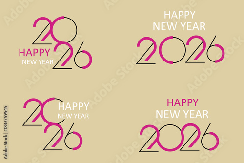 Modern Happy New Year 2026 Typography Design in Pink and Black on Beige Background