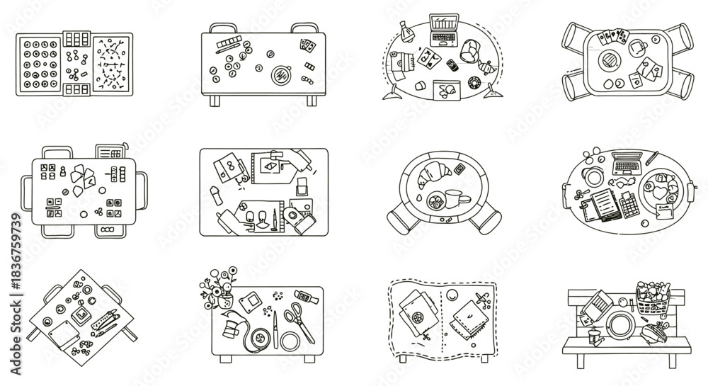 Obraz premium Tables from above with various activities games crafts food and work offering scenes of everyday life ideal for blog posts and social media.