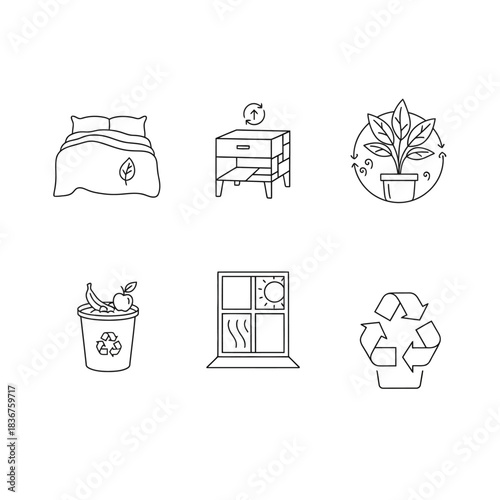 Sustainable lifestyle with bedroom decor  recycling promoting eco-friendly living through natural light plants organic waste and sustainable bedding choices