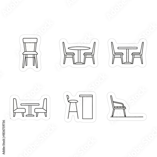 table and chairs line art café furniture set for restaurant decor minimalistic outline illustrations of dining room seating arrangement design