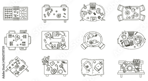 Tables from above with various activities games crafts food and work offering scenes of everyday life ideal for blog posts and social media.