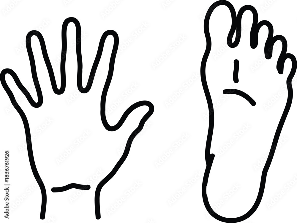 Obraz premium Simple black outline drawings illustrate a human hand and a foot clearly visible on a plain white surface