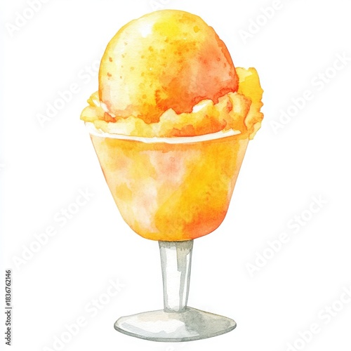 Vibrant watercolor painting of refreshing orange sherbet in elegant glass, evoking summer vibes and sweet indulgence, ideal for food blogs and dessert menus