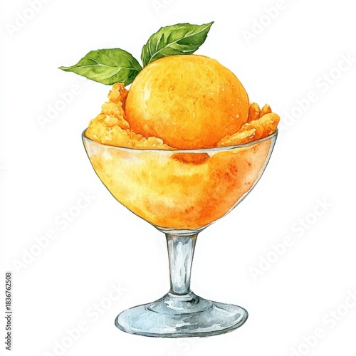 Refreshing orange sorbet watercolor illustration with basil leaves, perfect for summer menus and vibrant food blogs, adding a splash of color and flavor