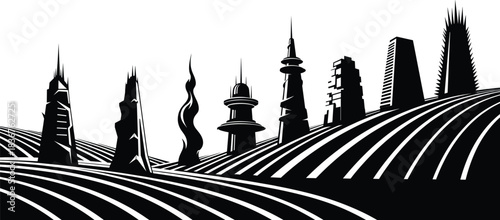 Futuristic city skyline silhouette illustration with abstract towers, modern architecture, sci-fi urban landscape, black and white design, geometric horizon artwork vector