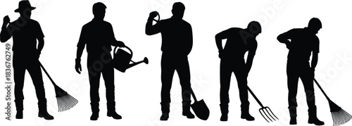 "Gardening silhouette vector set, black farmer figures, tool usage, outdoor work, manual labor, agriculture concept, rural lifestyle illustration
