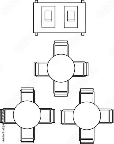 Top down architectural blueprint drawing of a modern house floor plan with interconnected circular rooms and a rectangular entrance