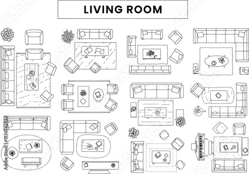 Collection of black and white floor plan layouts for various living room designs and furniture arrangements