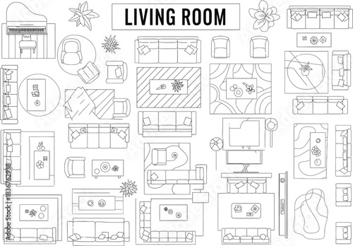 Abstract black and white line art illustration of a living room with furniture and decorative elements