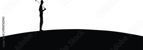 Golf swing silhouette, person on hill, sports motion pose, outdoor activity icon, vector graphic, minimal design, black figure, athletic gesture