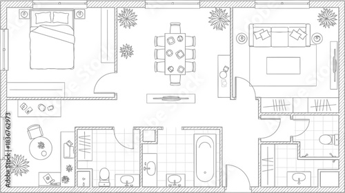 Detailed architectural blueprint of a modern house floor plan with furniture and room layouts
