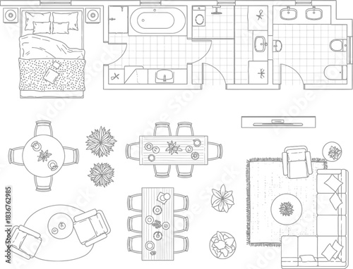 Detailed architectural floor plan drawing with furniture layouts and room dimensions for interior design planning
