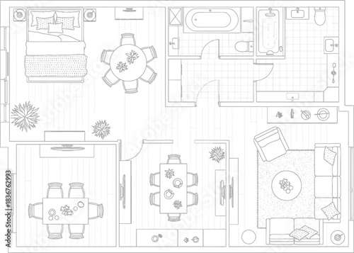 Architectural floor plan drawing of a modern home interior with furniture and room layouts