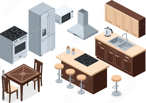 Isometric view of a modern kitchen interior design with appliances furniture and cabinetry for home renovation projects