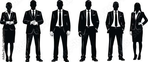 Group of six formal business people vector silhouettes, standing in executive professional poses, wearing suits and ties, ideal for corporate, finance, and leadership graphic designs.
