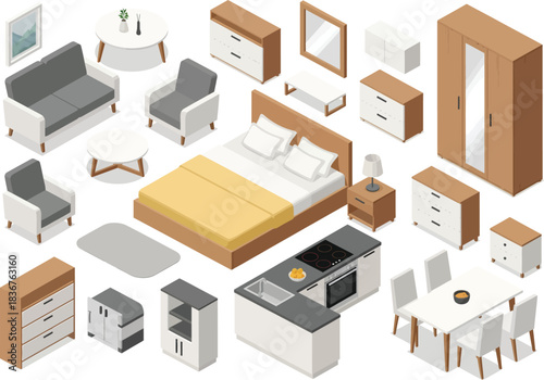 Isometric collection of modern furniture and home decor items for interior design and renovation projects