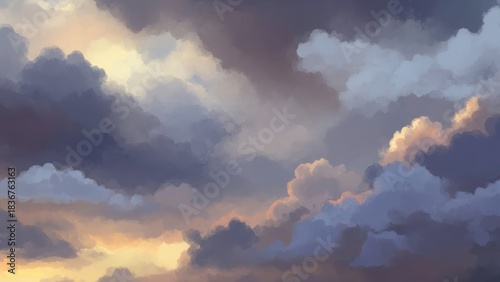 Dramatic Cloudy Sky at Sunset with Shades of Purple, Blue, and Golden Hour Glow